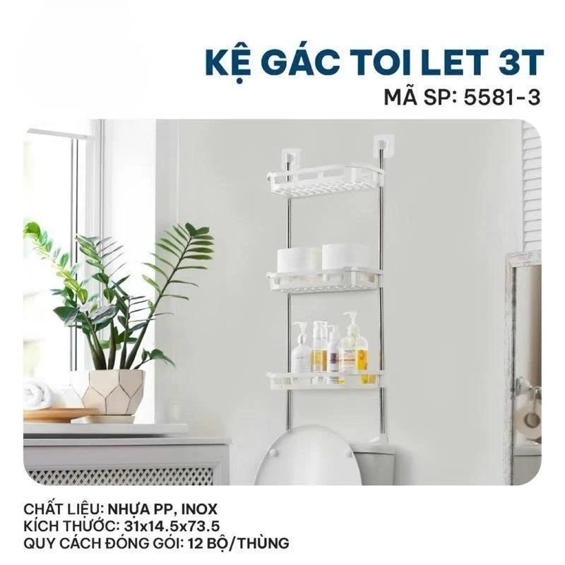 Kệ gác bồn cầu 3 tầng nhựa VIỆT NHẬT 5581-3 - Khung inox, miếng dán tường - Đựng đồ dùng nhà tắm, vệ sinh