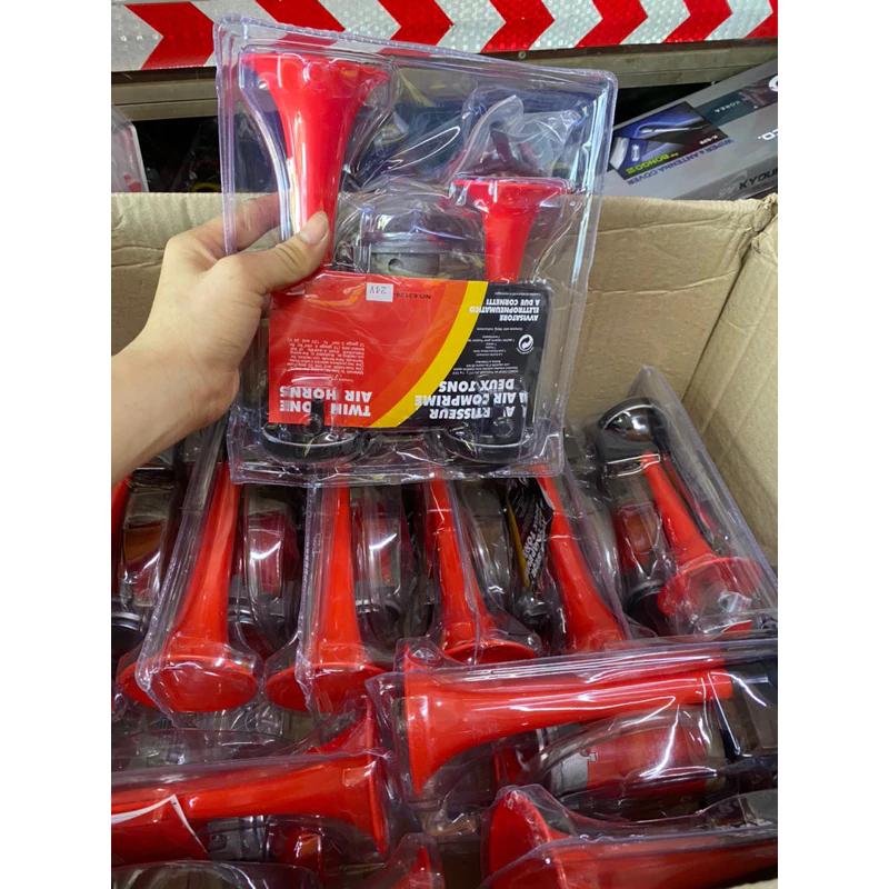 kèn hơi 2 loa đỏ kèm mô tô, còi sinh hơi cho xe chỉ cần ắc quy 12v hoặc 24 v. có lip tets