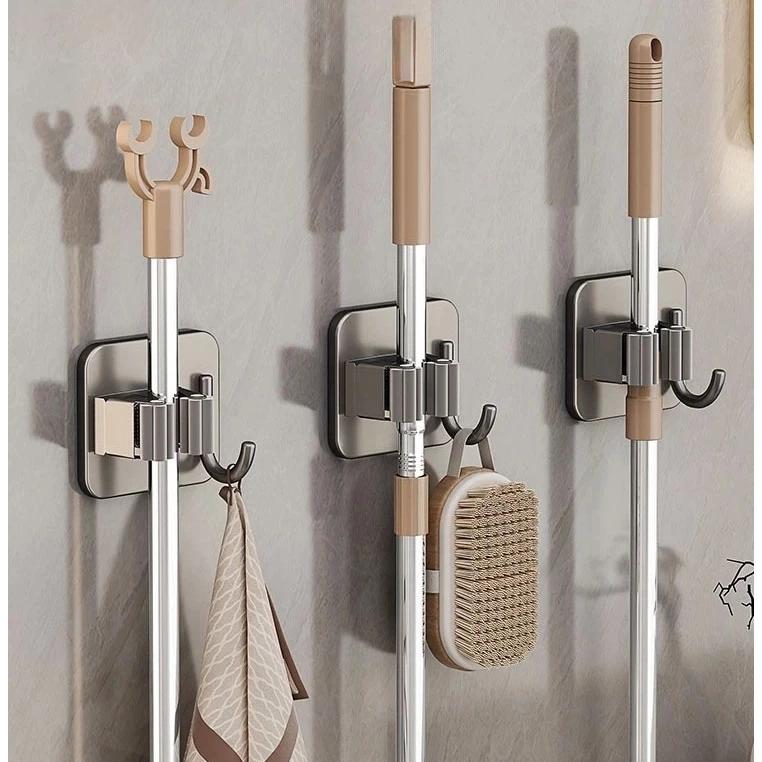 Kẹp giữ chổi, cây lau nhà dán tường 2in1 kèm móc treo bằng inox 304, siêu chắc và chịu lực [18-20]