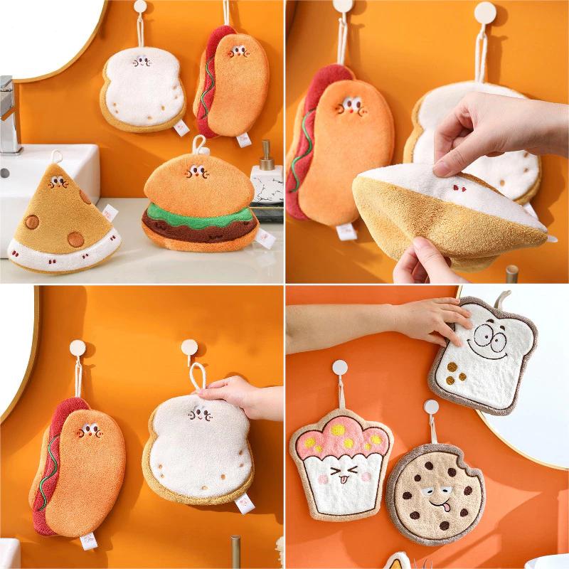 Khăn hình bánh mì dễ thương Khăn treo lông cừu san hô mềm Khăn lau tay phòng tắm dày