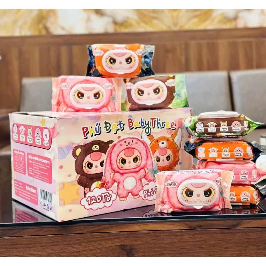 Khăn Ướt Phú Đạt BABY3 An Toàn Cho Da Bé Date Mới Không Mùi 120 Tờ Kép