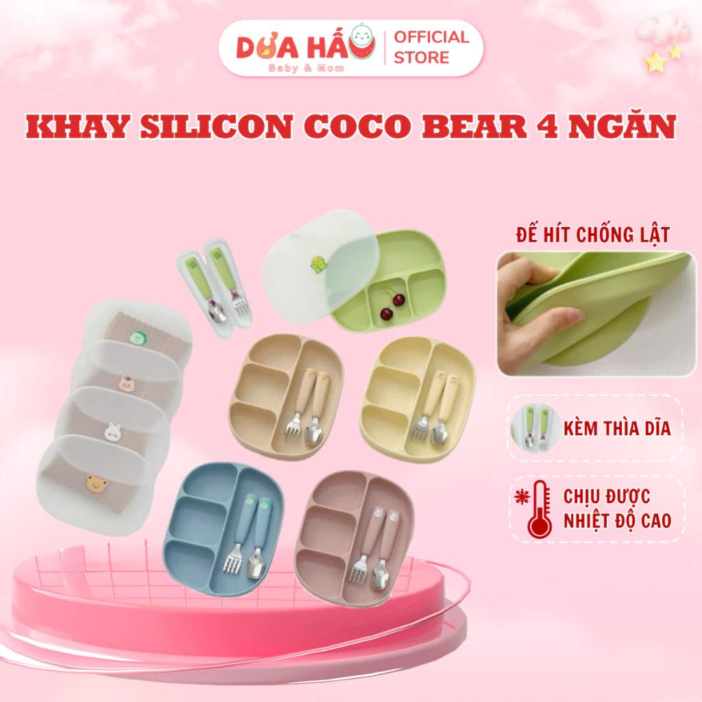 Khay Ăn Dặm Silicone Coco Bear 4 Ngăn Hình Chữ Nhật Kèm Thìa, Đế Hít Cho Bé Tiện Lợi