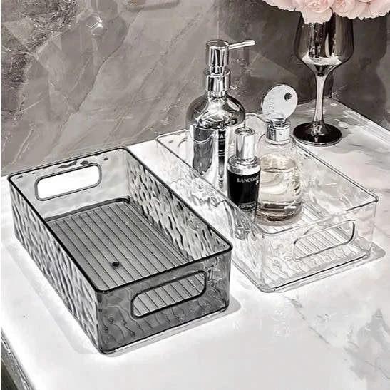 Khay Pha Lê Mẫu Mới, Khay Nhựa Đựng Mỹ Phẩm Và Đồ Để Bàn Trong Suốt Dày Dặn Có Tay Cầm Mạ Vàng Sang Trọng