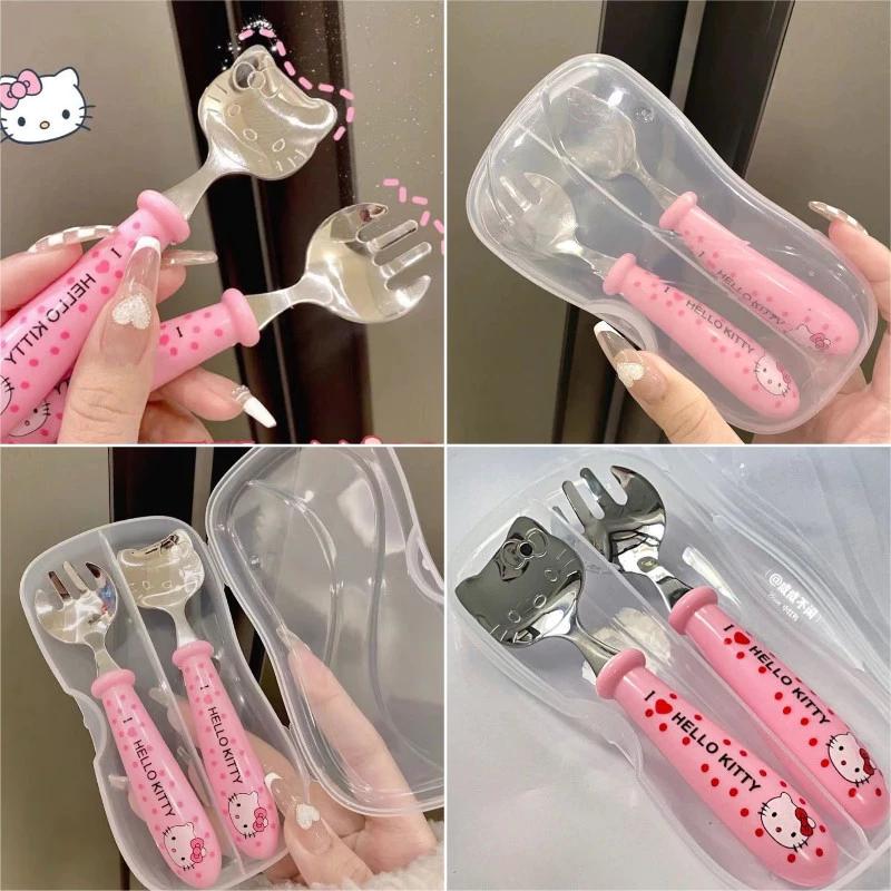 Kitty Muỗng Nĩa Bộ Hoạt Hình Họa Tiết Mèo Thìa Inox Dễ Thương Cho Trẻ Em
