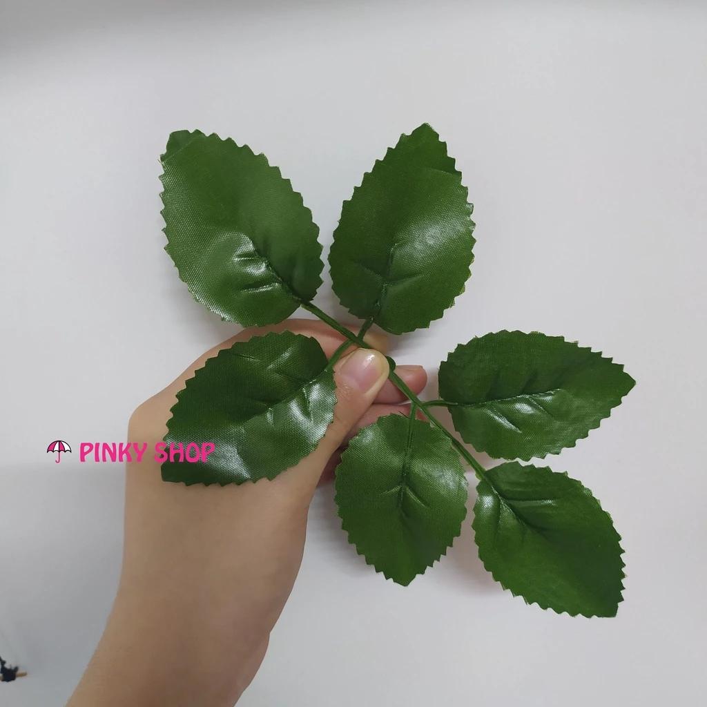 Lá hoa hồng giả, lá nhựa [100 gram, 2 nhánh 6 lá] trơn phụ kiện làm hoa ruy băng, sáp, trang trí handmade bằng vải lụa