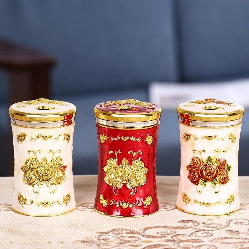 Lọ Đựng Tăm - Hủ Đựng Tăm Hình Trụ eo Phong Cách Hoàng Gia Mạ Vàng