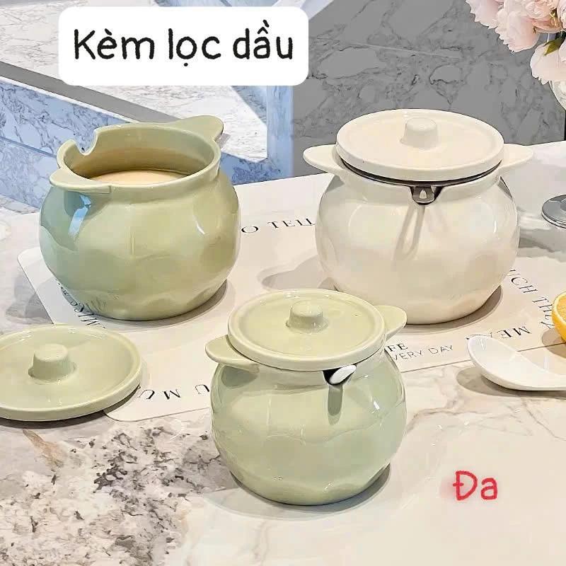 Lọ gốm sành sứ có nắp đựng mỡ lợn kèm thìa, âu sứ gốm đựng mỡ có nắp sang trọng 1200ml
