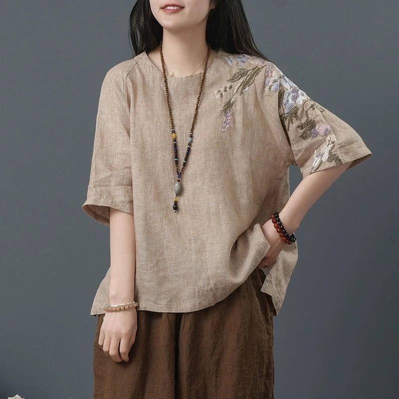 Loose Plus Size Quần Áo Nữ Trung Niên Mẹ Mùa Hè Vải Lanh Thêu Cotton Vải Lanh Top Nữ Đơn Giản Phù Hợp Với Ngắn-