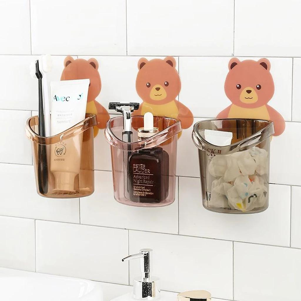 Ly cốc dán tường hình - Ly gấu nâu cute đựng vật dụng hằng ngày, bàn chải kem đáng răng có lỗ thoát nước siêu tiện lợi