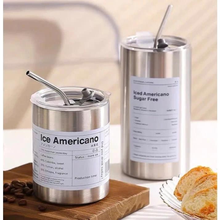 Ly giữ nhiệt inox 304 Iced Americano không gỉ cao cấp, Cốc giữ nhiệt kèm ống hút 300ml