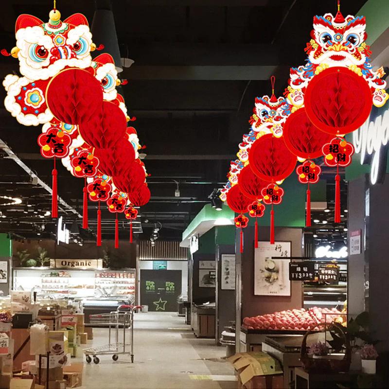 Mặt dây chuyền múa sư tử hoạt hình 2025 Đèn lồng tổ ong màu đỏ Đồ dùng lễ hội tại nhà đơn giản