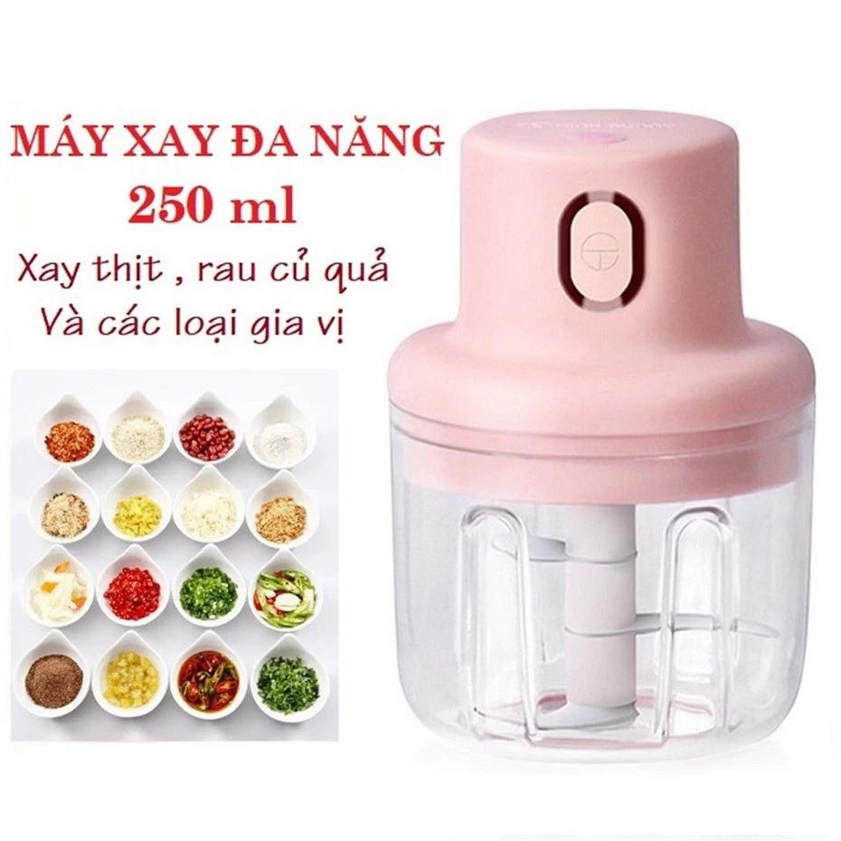 Máy Xay Mini Sạc Điện Nắp Hồng 250ml, Máy Xay Thịt Cầm Tay Mini – Máy Xay Tỏi Ớt, Củ Quả Đa Năng, Có Cổng