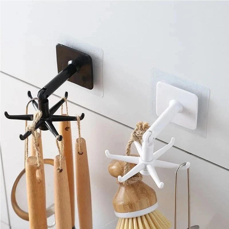 Móc xoay 6 chấu dán tường chịu lực, móc treo đồ dùng cá nhân, móc cheo chìa khóa đa năng không khoan đục