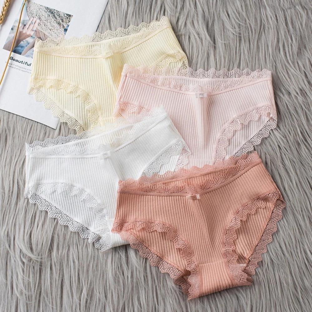 Mới Nữ Ren Ren Quần Lót Giữa Eo Thoáng Khí Nguyên Chất Cotton Đáy Thoải Mái Quần Đùi Đơn Giản Nhật Bản