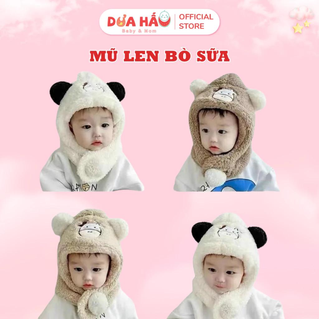 Mũ len mùa đông hình bò sữa Mũ nón lông cừu kèm khăn cổ nỉ bông giữ ấm cho bé từ 1-6 tuổi.