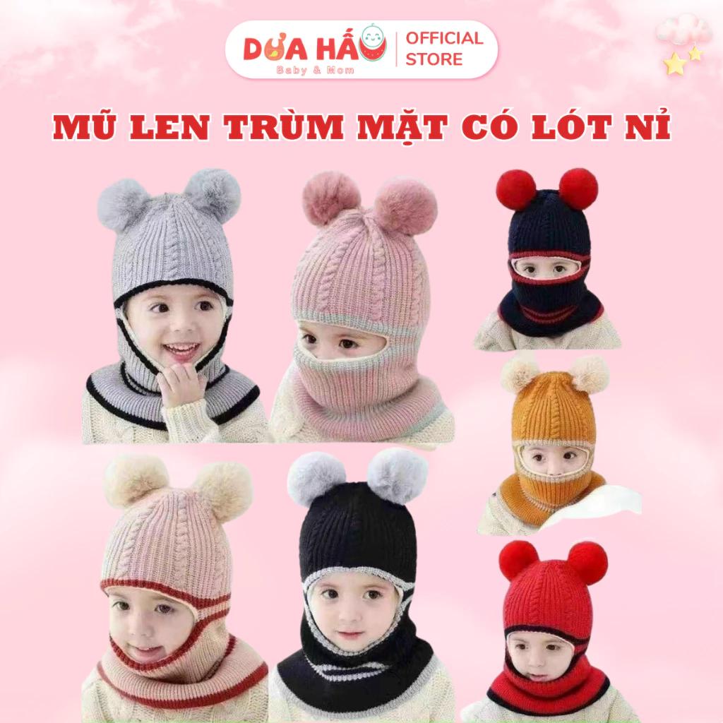 Mũ Len Trùm Mặt Có Lót Nỉ Cho Bé Ấm, Mũ Len 2 Quả Bông Lót Nỉ Mềm Mịn Thời Trang