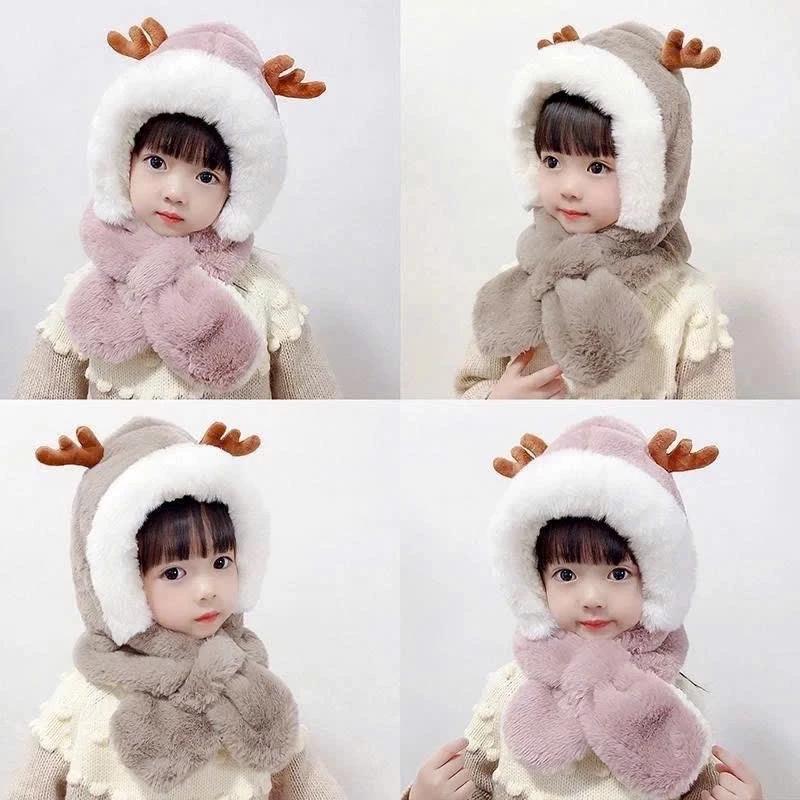 Mũ lông trùm đầu kèm khăn cổ giữ ấm cho bé sừng nai kute