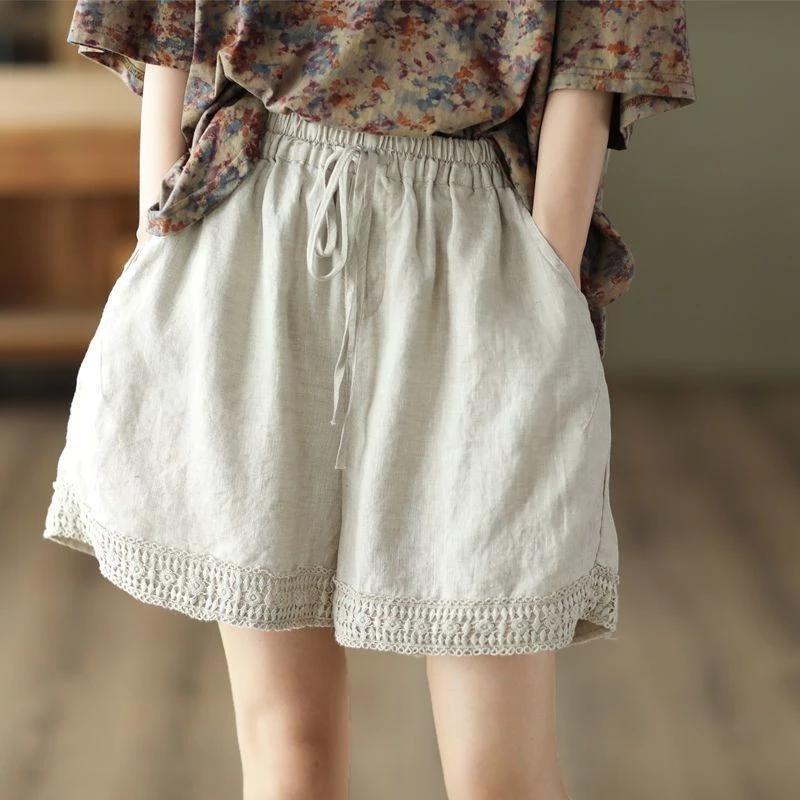 Mùa Hè 2022 Mới Retro Rỗng Móc Cotton Vải Lanh Quần Nữ Văn Học Ren Quần Short Quần Ôm Hơn Nhìn Thẳng Quần Mùa Hè