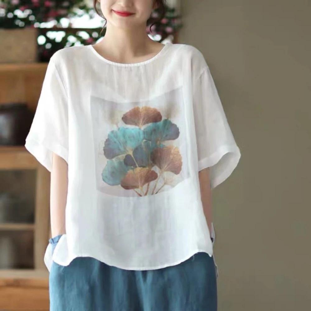 Mùa Hè 2024 Phong Cách Mới Retro Vải Lanh Cotton In Hình Top Nữ Rời Áo Chui Đầu Đơn Giản Phù Hợp Với Văn Học Retro Áo Thun Tay Ngắn Hợp Thời Trang