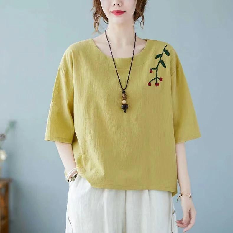 Mùa Hè 2024 Phong Cách Mới Văn Học Retro Thêu Vải Lanh Cotton Năm Điểm Áo Thun Rời Đơn Giản Phù Hợp Với Mỏng Hơn