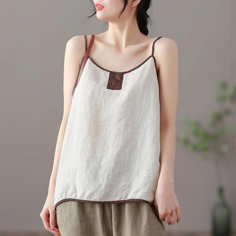 Mùa Hè Mới Mỏng Phong Cách Cotton Vải Lanh Top Nữ Thêu Đơn Giản Phù Hợp Với Áo Bên Ngoài Mặc Không Tay Đáy Nhỏ S