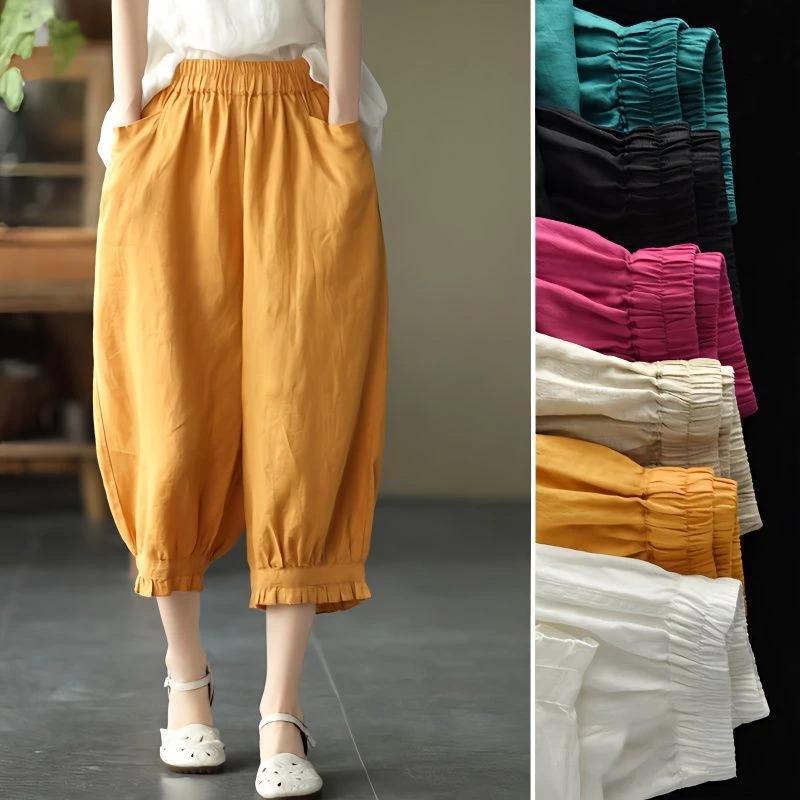 Mùa Hè Mỏng Phong Cách Màu Trơn Crop Quần Nữ Văn Học Ren Ngọt Ngào Quần Đơn Giản Phù Hợp Với Nữ Vải Lanh Cotton Nguyên Chất Harem Quần Ôm Hơn Nhìn Tất Cả-