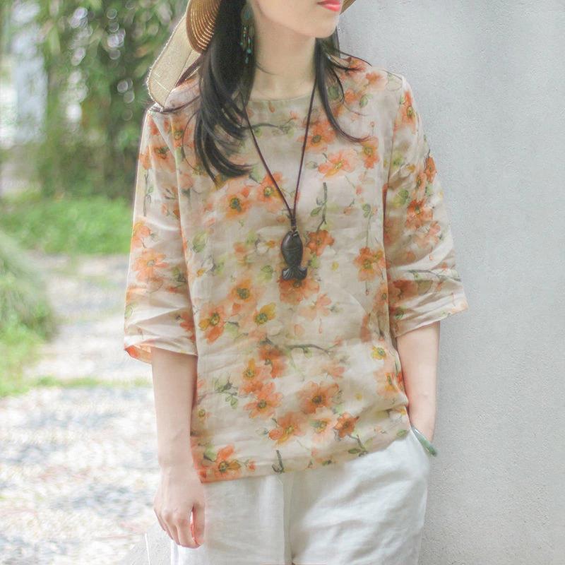 Mùa Hè Phong Cách Mới Đi Lại Cổ Tròn Vải Lanh Cotton In Hình Rời Áo Thun Đơn Giản Phù Hợp Với Văn Học Retro Vải Lanh Cotton Ngắn Áo Sơ Mi Nhỏ Top Quần Áo Nữ