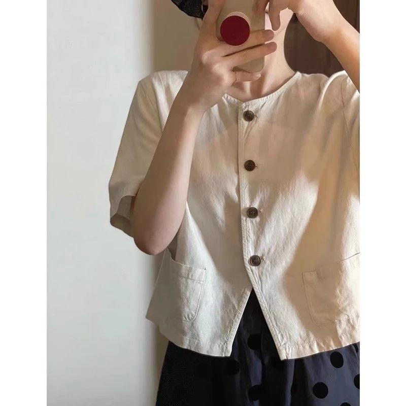 Mùa Hè Phong Cách Mới Mỏng Áo Sơ Mi Vải Lanh Cotton Đơn Giản Phù Hợp Với Áo Sơ Mi Ngắn Sang Trọng Cao Cấp Áo Cardigan Tay Ngắn Rời Top Nữ
