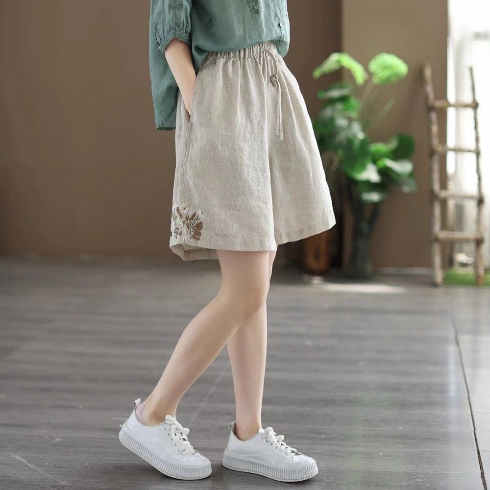 Mùa Hè Phong Cách Mới Quần Short Nữ Cao Cấp Thêu Phù Hợp Với Quần Thẳng Mỏng Thoải Mái Thoáng Khí Đơn Giản Phù Hợp Với Vải Lanh Cotton Qu