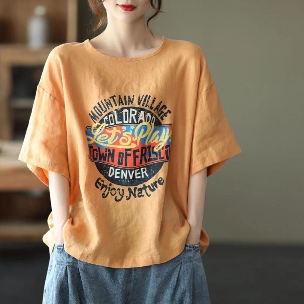 Mùa Hè Phong Cách Mới Retro In Chữ Vải Lanh Cotton Tay Ngắn Top Nữ Kích Thước Lớn Đơn Giản Phù Hợp Với Cổ Tròn Rời Phù Hợp Với Áo Thun Nữ Nữ Quần Áo Nữ