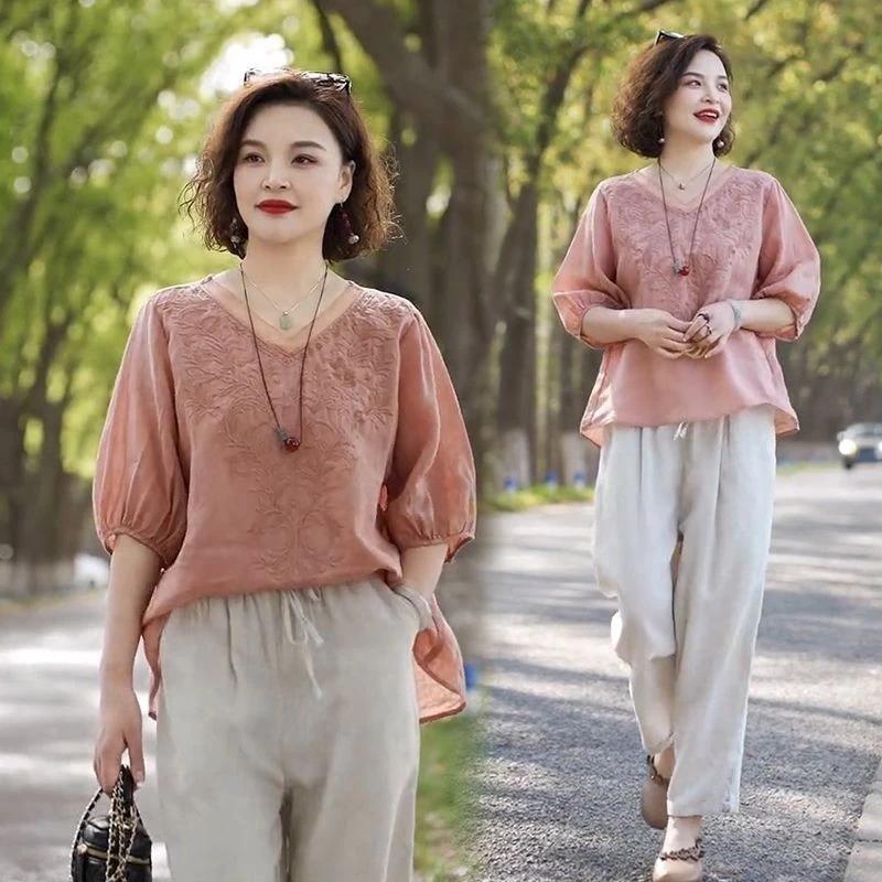 Mùa Hè Phong Cách Mới Thêu Vải Lanh Cotton Phù Hợp Với Áo Sơ Mi Vải Lanh Cotton Thời Trang Đơn Giản Phù Hợp Với Áo Sơ Mi Retro Nữ Rời