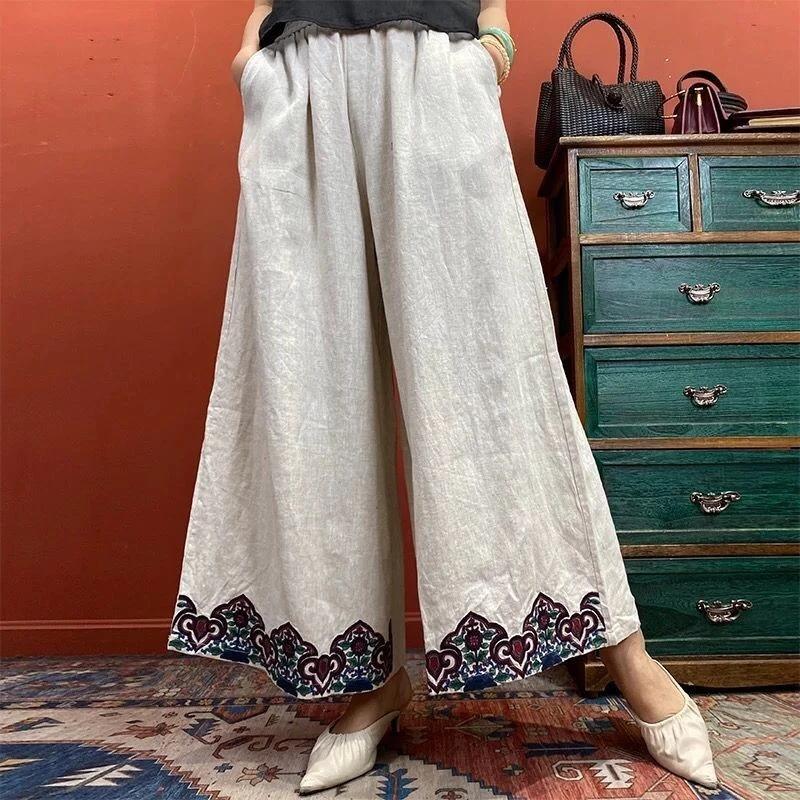 Mùa hè Phong Cách Mới Vải Lanh Cotton Đến Mắt Cá Chân Quần Nữ Rời Kích Thước Lớn Đơn Giản Phù Hợp Với Quần Ống Rộng Quần Lớn Eo Cao Tất Cả