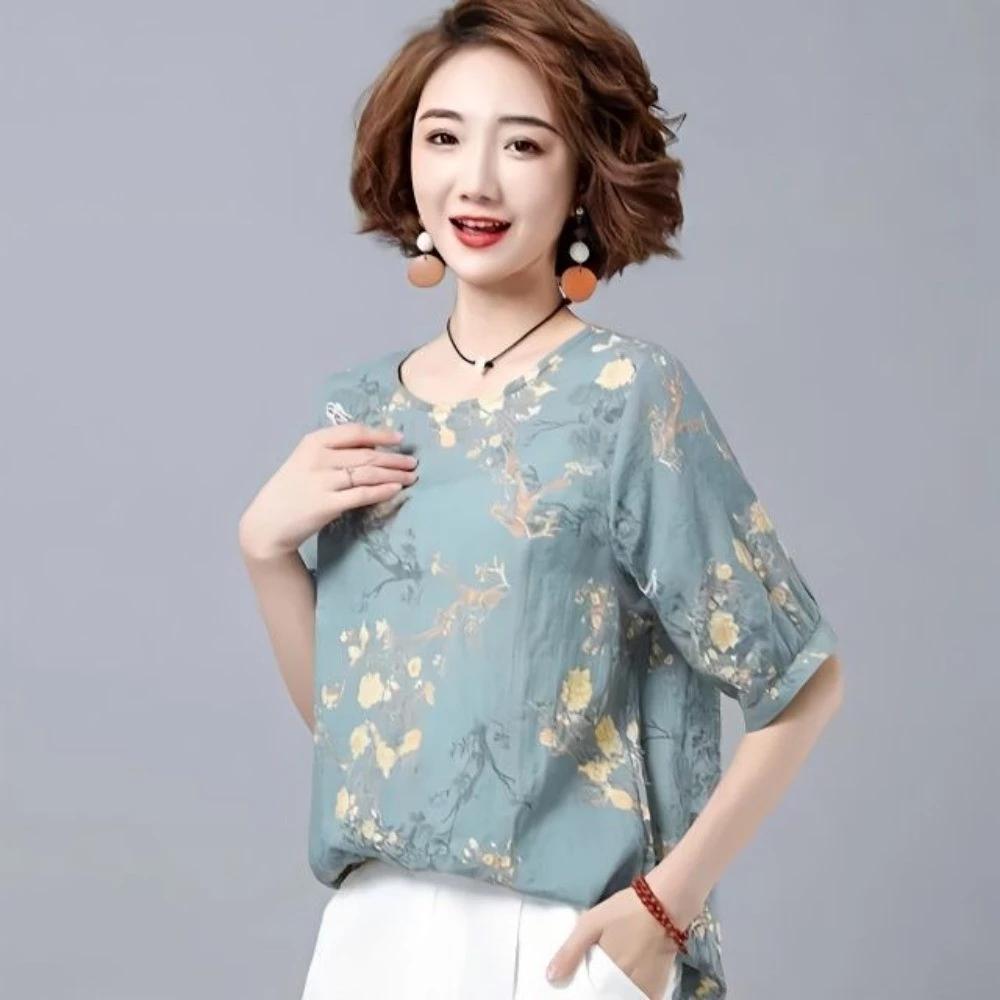 Mùa Hè Phong Cách Thường Ngày Áo Thun Mỏng Tay Ngắn Cổ Tròn Rời Thời Trang Đơn Giản Phù Hợp Với Mẹ Mặc Thể Thao In Hình Nữ Top