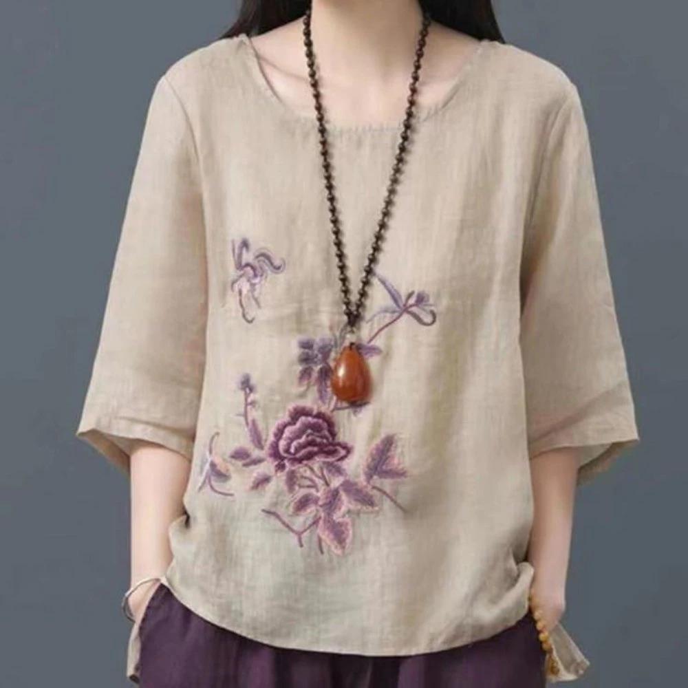 Mùa Hè Plus Size Nữ Vải Lanh Cotton Top Nữ Thêu Văn Học Đơn Giản Phù Hợp Với Rời Phù Hợp Với Phong Cách Retro Trung Hoa Phong Cách Dân Tộc Áo Thun Nữ