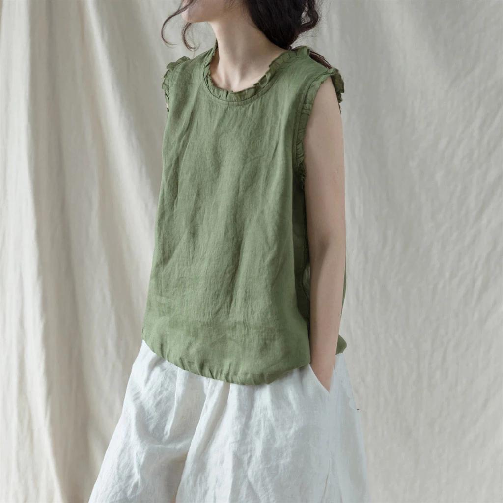 Mùa hè Retro Cotton Vải Lanh Nấm Cạnh Rời Mỏng Hơn Nhìn Đơn Giản Phù Hợp Với Dây Rút Mỏng Áo Vest Nữ Màu Trơn Đáy