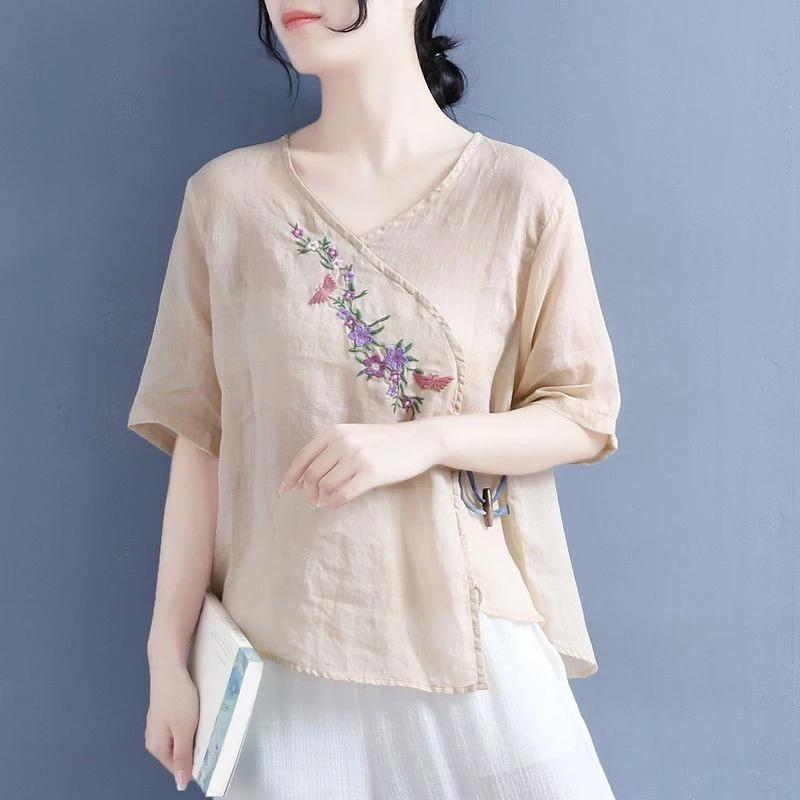 Mùa hè Retro Nghệ Thuật Mỏng Phong Cách Gỗ Ô Liu Nút Thêu Ngắn Tay Vải Lanh Cotton Top Nữ Đơn Giản Phù Hợp Với Phong Cách Dân Tộc Cổ Chữ v Cotton Nguyên Chất T @ -
