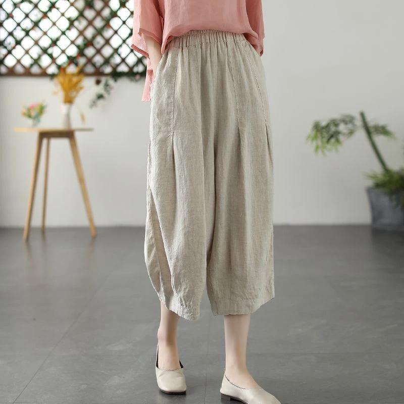 Mùa Hè Vải Lanh Cotton Crop Quần Mỏng Phong Cách Mỡ mm Rời Co Giãn Eo Đơn Giản Phù Hợp Với Vải Lanh Cotton Màu Trơn Quần Thường Ngày Nữ Bloomers Kích Thước Lớn Đơn Giản Tất Cả Trận Đấu Trous
