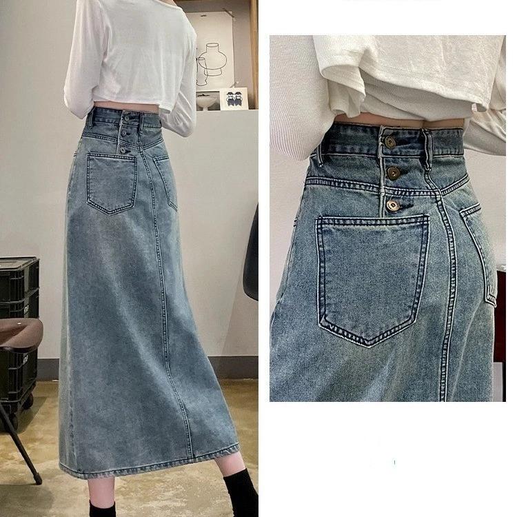 Mùa Xuân 2025 Phong Cách Mới Retro Rửa Váy Denim Xanh, Eo Cao Mỏng Hơn Nhìn Ba Nút Thiết Kế Khe
