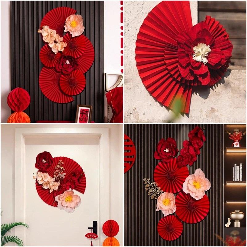 Người hâm mộ xếp li màu đỏ Dán tường Ngọc trai treo trang trí phòng cưới Trung Quốc