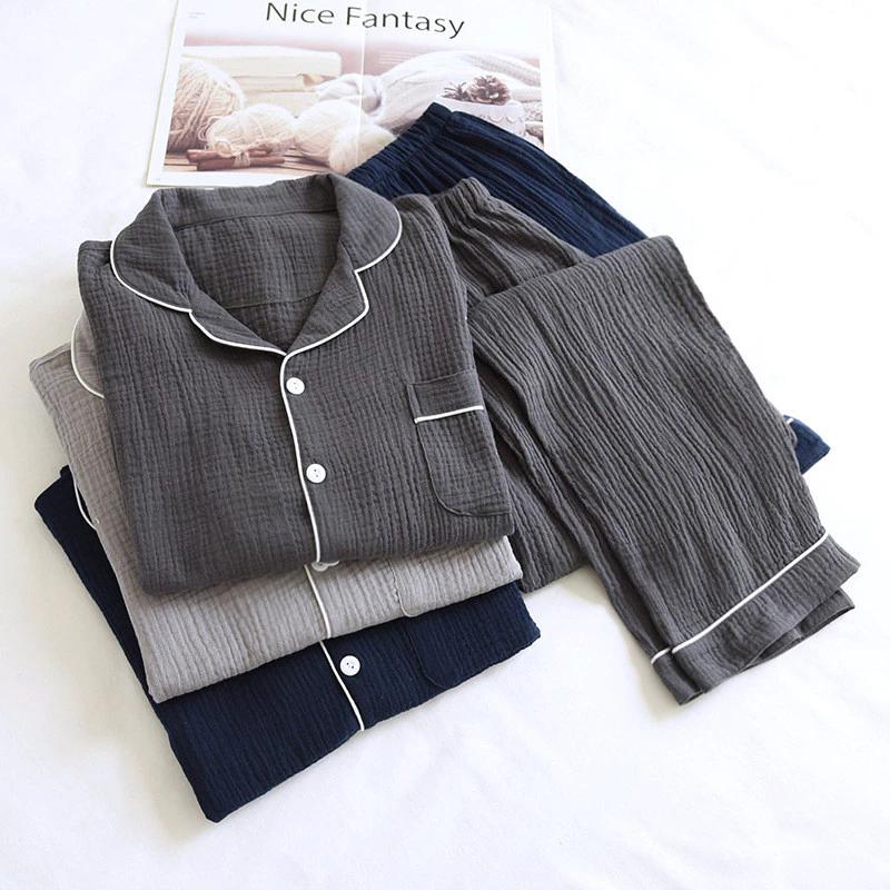 Nhà máy cung cấp trực tiếp bộ đồ ngủ nam cotton nguyên chất, dáng rộng, mùa xuân và mùa thu, hai lớp gạc, kích thước lớn, cotton crepe dài tay, bán buôn