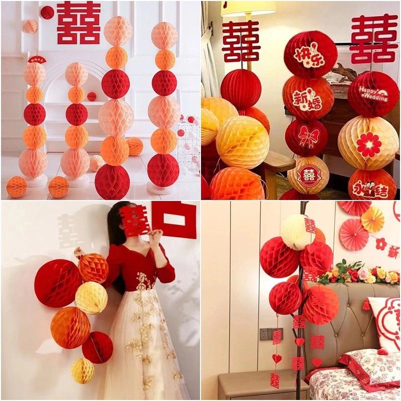 Nhãn dán quạt giấy màu đỏ Đám cưới Đèn lồng tổ ong Thời trang Trang trí phòng ngủ đám cưới