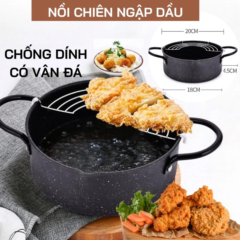 Nồi Chiên Chống Dính Emoojoo 20cm Vân Đá Có Khay Ráo Mỡ Siêu Bền Đẹp Tiện Lợi