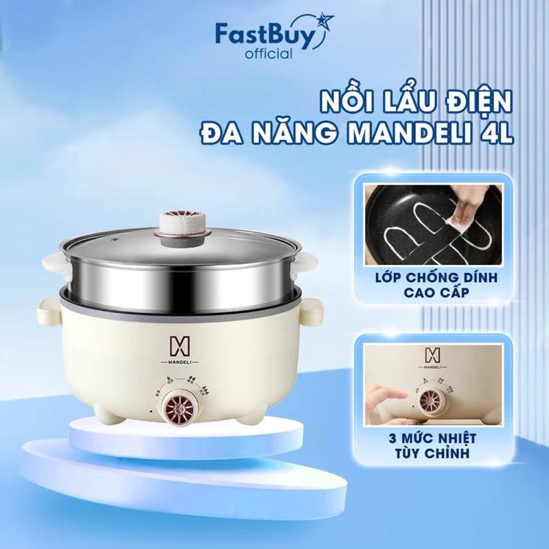Nồi Lẩu Điện Mini Mandeli 28Cm Dung Tch 4L, Nồi Điện Đa Năng Kèm Xửng Hấp Inox , Độ Chống Dính Cao