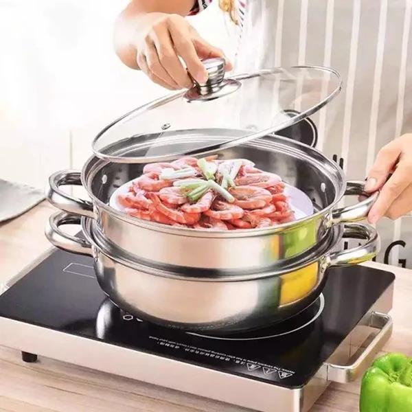 Nồi pot hấp 2 tầng inox, nồi hấp xôi, bánh bao size 28cm đa năng có nắp thủy tinh - HỘP TRẮNG ĐỎ