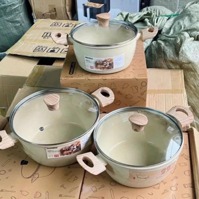 Nồi vân đá - Nồi Đá Chống Dính Nhật 20m 22cm 24cm có nắp dùng cho tất cả bếp - Nồi bếp từ