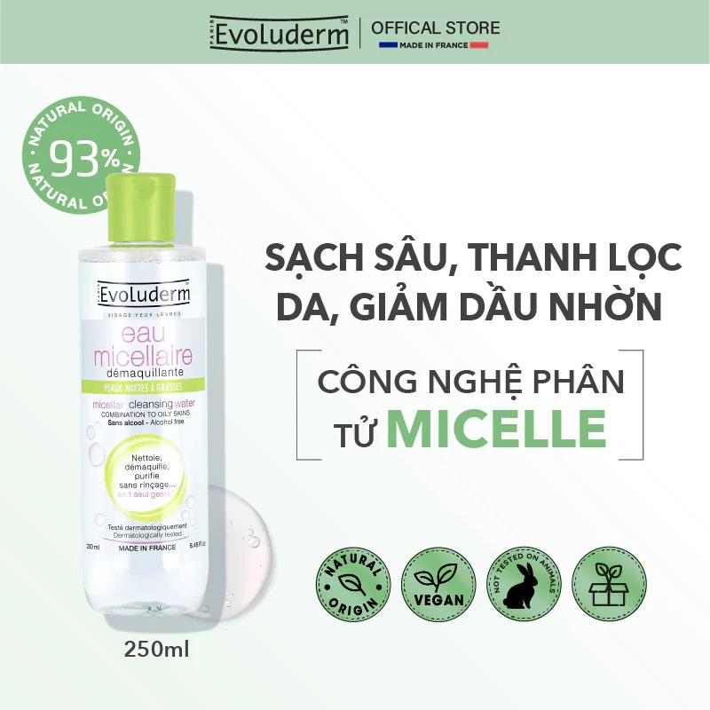 Nước tẩy trang Evoluderm Micellaire chiết xuất bưởi hồng dành cho da hỗn hợp và dầu mụn (xanh lá) 250ml-30ml