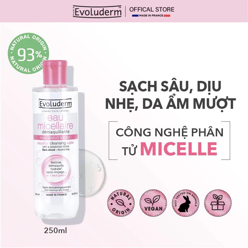 Nước tẩy trang Evoluderm Micellaire chiết xuất cây Bông dành cho da khô và nhạy cảm 250ml-30ml