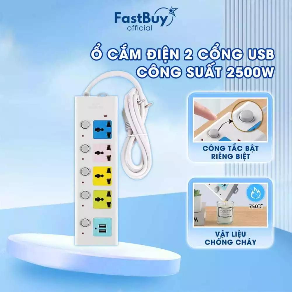 Ổ Cắm Điện USB Đa Năng Chống Giật 2 Cổng Cắm USB Công Suất 2500W Dây Điện 3 Lõi Đồng 0.75mm Giúp Dẫn Điện Tốt