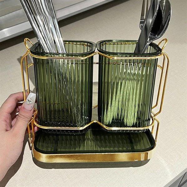 Ống đựng đũa, đồ cắm muỗng thìa khung kim loại 2 ngăn cao cấp decor nhà bếp bàn ăn sang trọng