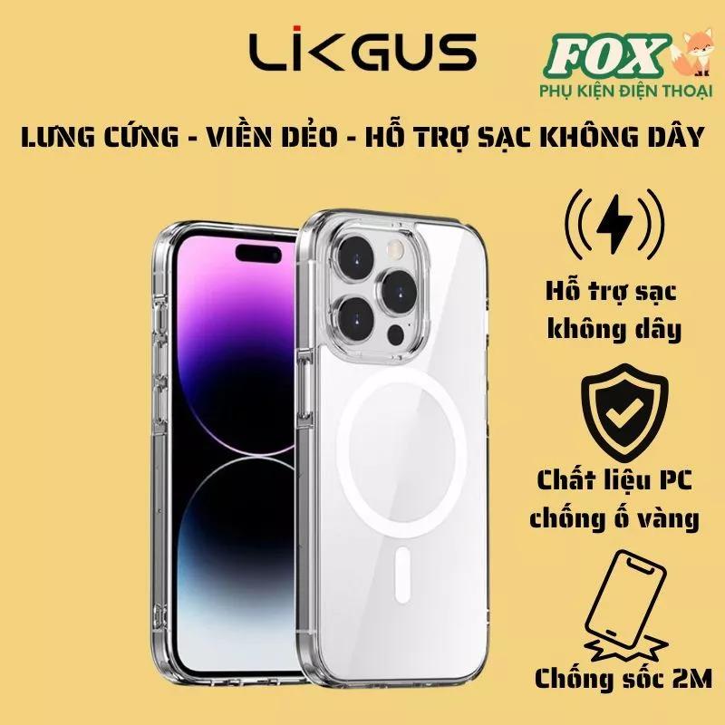 Ốp Likgus trong suốt lưng cứng viền mềm hỗ trợ sạc không dây IPhone 12 13 14 15 16Promax pro plus